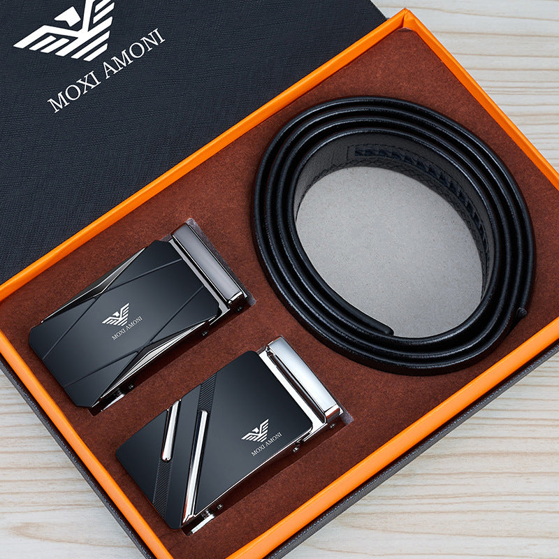 Men's Leather Belt with Alloy Automatic Buckle, Versatile Genuine Leather Belt for Young and Middle-Aged Men, Business Fashion Double Buckle Gift Box Wholesale, British Style