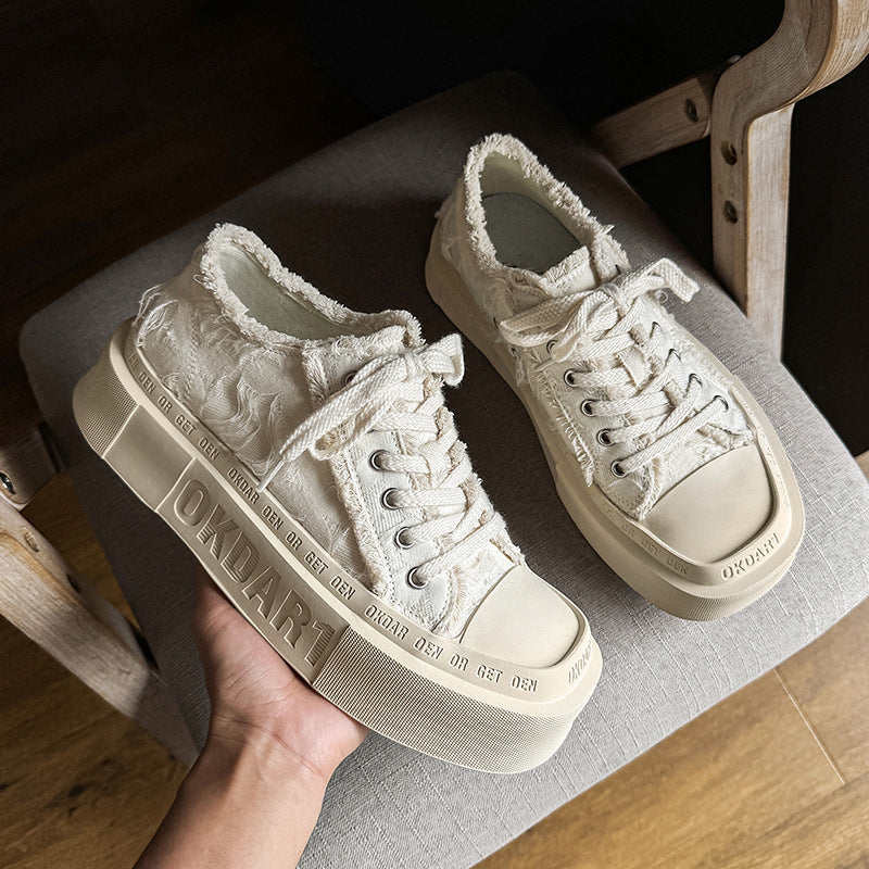Korean Style Lace-Up Sneakers Trendy Versatile Raw Edge Breathable White Shoes 2025 Summer Casual Thick-Soled Heightening Canvas Shoes