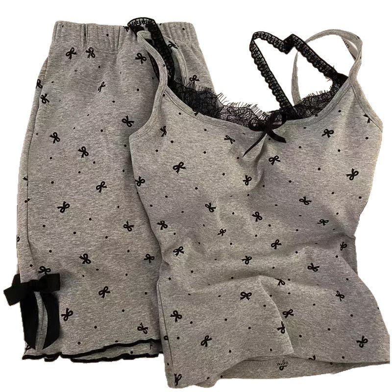 2025 New Sweet and Spicy Style Polo Dot Bow Lace Strap Shorts Pajamas Women's Outwear Home Clothes suit