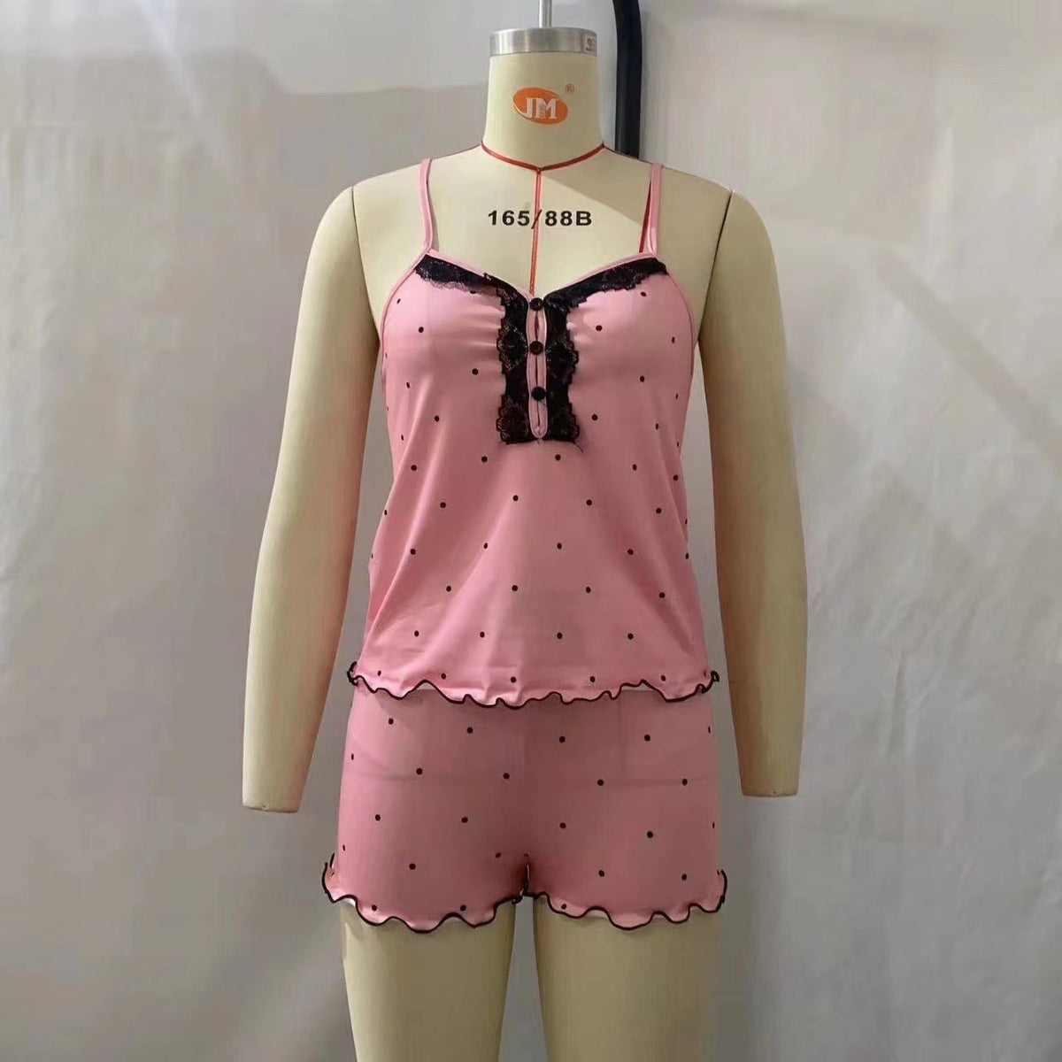 European and American Foreign Trade Women's New V-neck Pajamas Comfortable Home Button Lace Sling Shorts Set