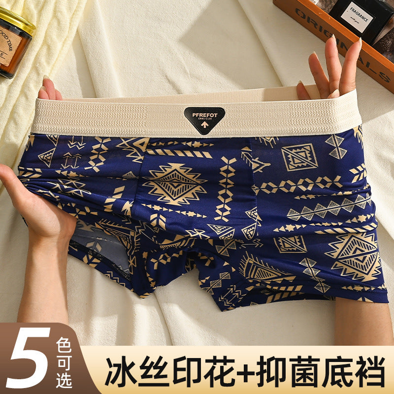 Men's Ice Silk Underwear Summer Vintage Thin Boxers Mid-Waist Ethnic Style Boys Four-Corner Pants Printed Trousers