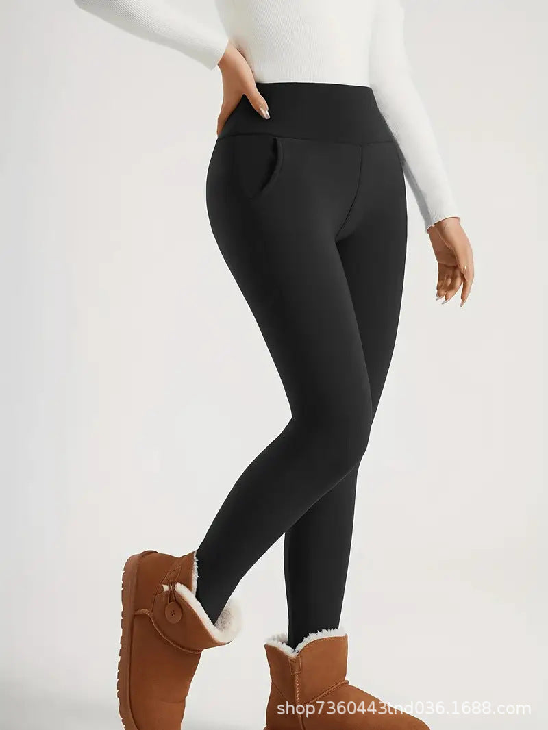 Cross-Border Women's High Waist Warm Fleece-Lined Leggings - Super Soft Stretch Yoga Pants Pocket Casual Pants