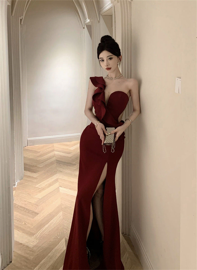 High-end Sexy Ruffle Evening Dress 2025 Elegant One-shoulder Banquet Host Car Model Split Dress