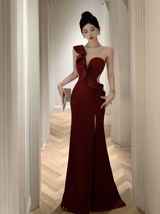 High-end Sexy Ruffle Evening Dress 2025 Elegant One-shoulder Banquet Host Car Model Split Dress