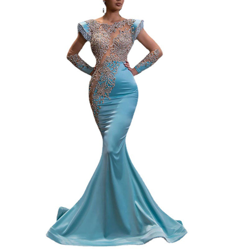 2025 New Daily Light Blue Fishtail Skirt Banquet Long Sand Gold Series Slimming Elegant Annual Party Evening Dress for Women