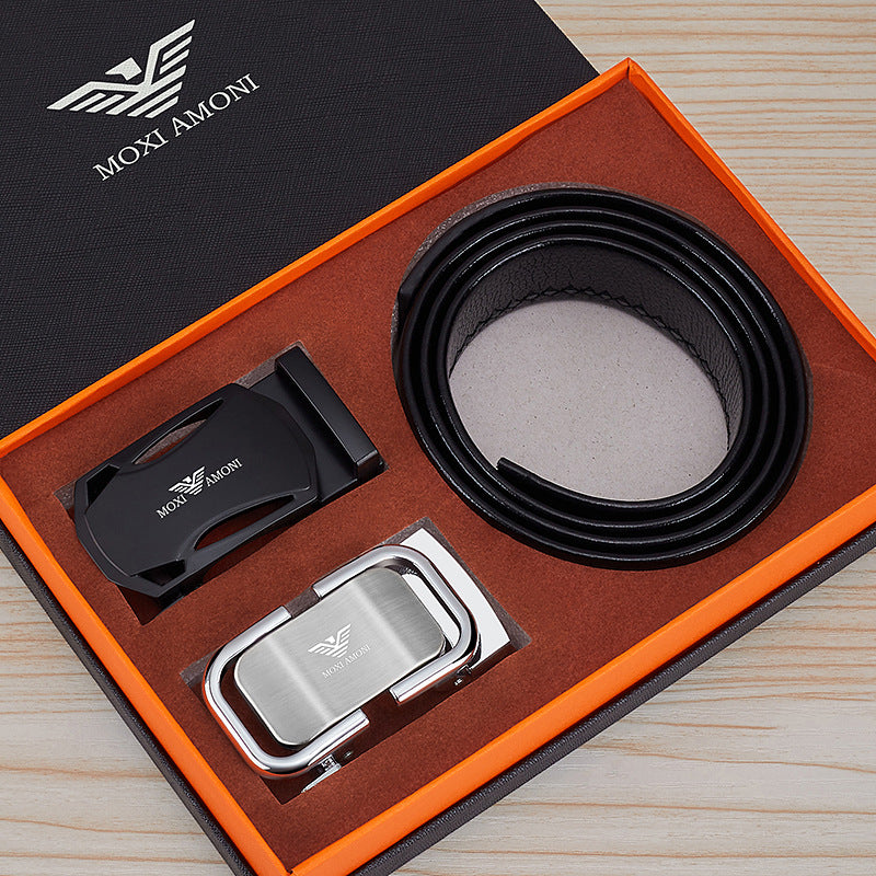 Men's Leather Belt with Alloy Automatic Buckle, Versatile Genuine Leather Belt for Young and Middle-Aged Men, Business Fashion Double Buckle Gift Box Wholesale, British Style