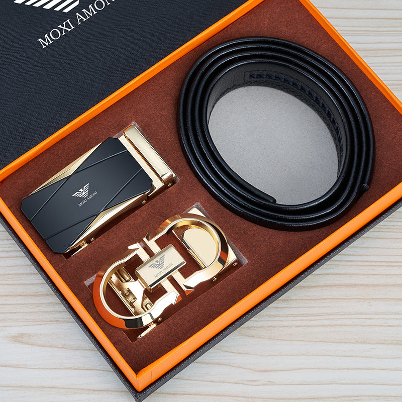 Men's Leather Belt with Alloy Automatic Buckle, Versatile Genuine Leather Belt for Young and Middle-Aged Men, Business Fashion Double Buckle Gift Box Wholesale, British Style