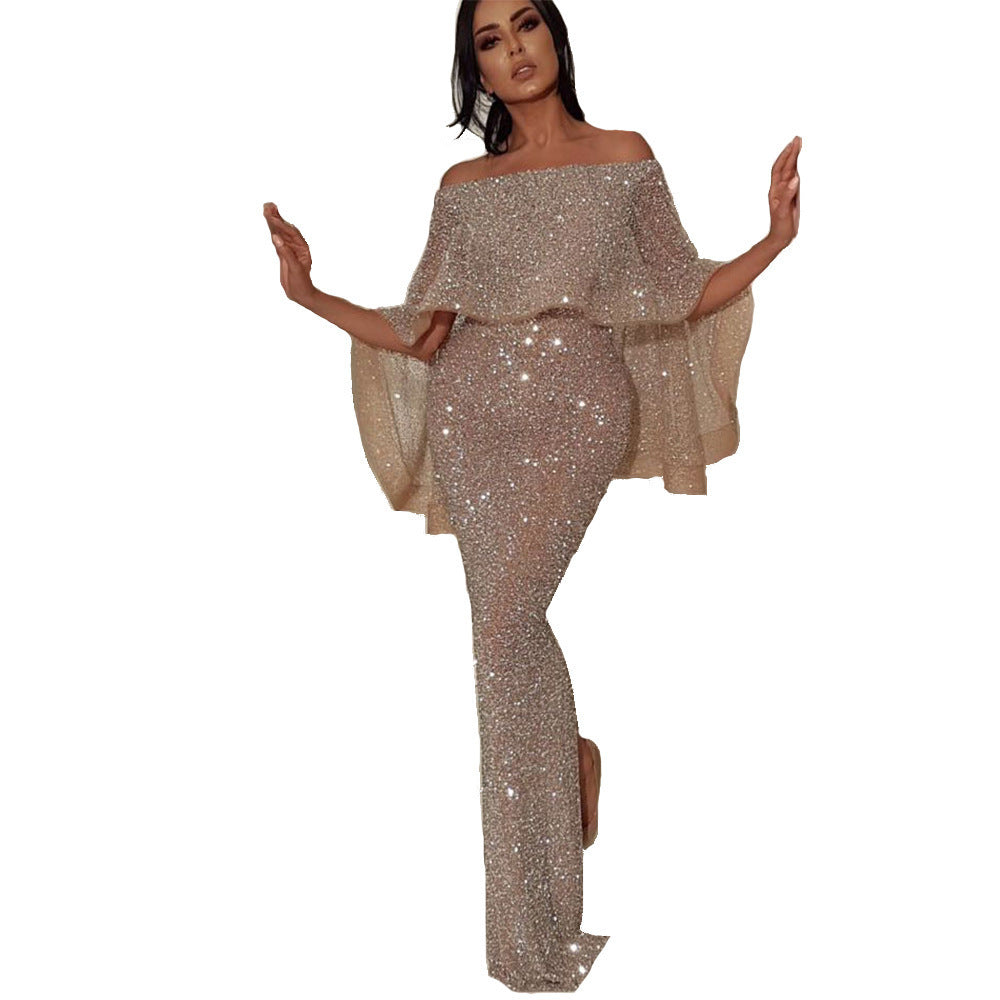 2025 European and American Export New Style Large Ruffled Chest-Wrapped One-Shoulder Dress Amazon Hip-Covering Slit Evening Dress