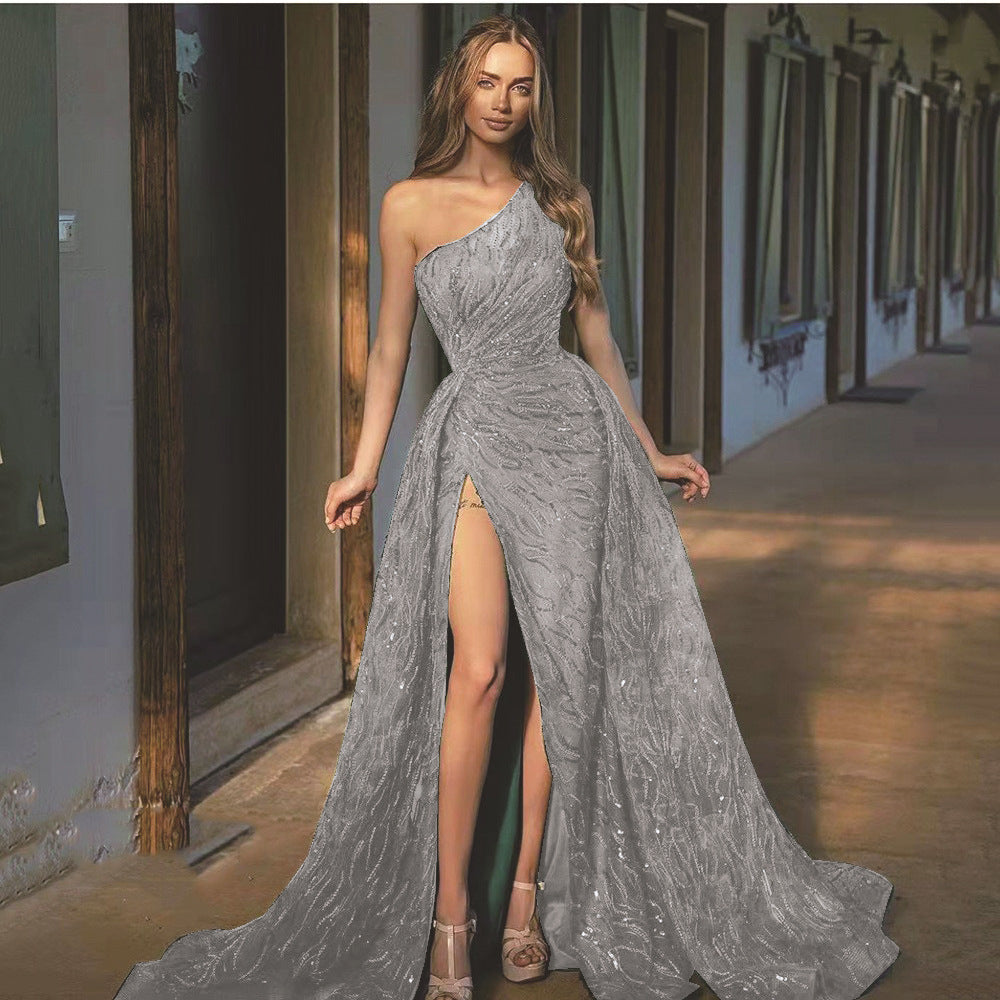 2025 Cross-Border Spring and Summer New European and American Clothing Slanted Shoulder Slit Long Skirt Toast Dress Sequined Suspender Evening Dress