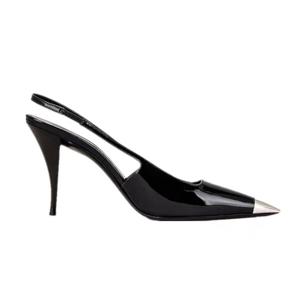 Elegant High Heel Shoes Women's 2024 Spring and Autumn New Metal Small Square Heel Sandals Women's Buckle Rear Trip Belt Women's Shoes