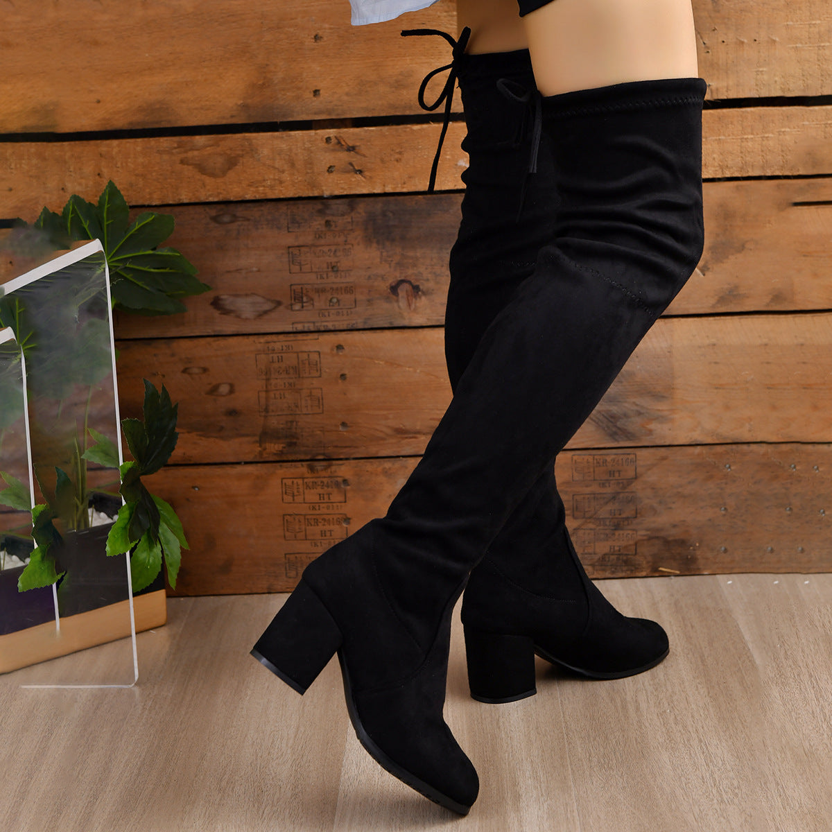 European and American large size women's boots 2023 autumn and winter New thick heel round head high heel slim knee high boots women's spot