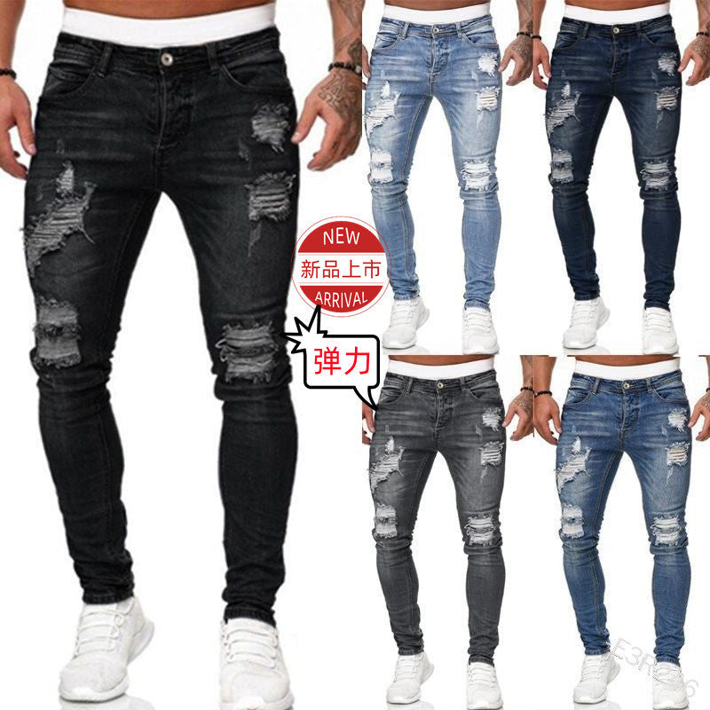 Knee Men's Jeans Embroidered Leggings Denim Trousers Men's Cross-border Trendy European and American Badge Zipper Holes