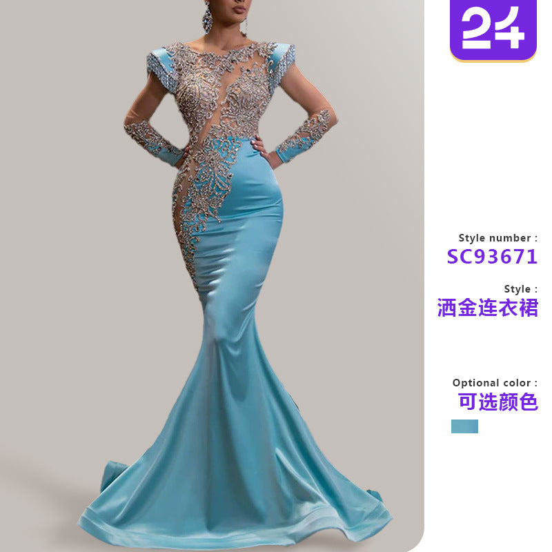 2025 New Daily Light Blue Fishtail Skirt Banquet Long Sand Gold Series Slimming Elegant Annual Party Evening Dress for Women