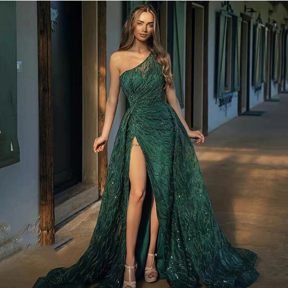 2025 Cross-Border Spring and Summer New European and American Clothing Slanted Shoulder Slit Long Skirt Toast Dress Sequined Suspender Evening Dress