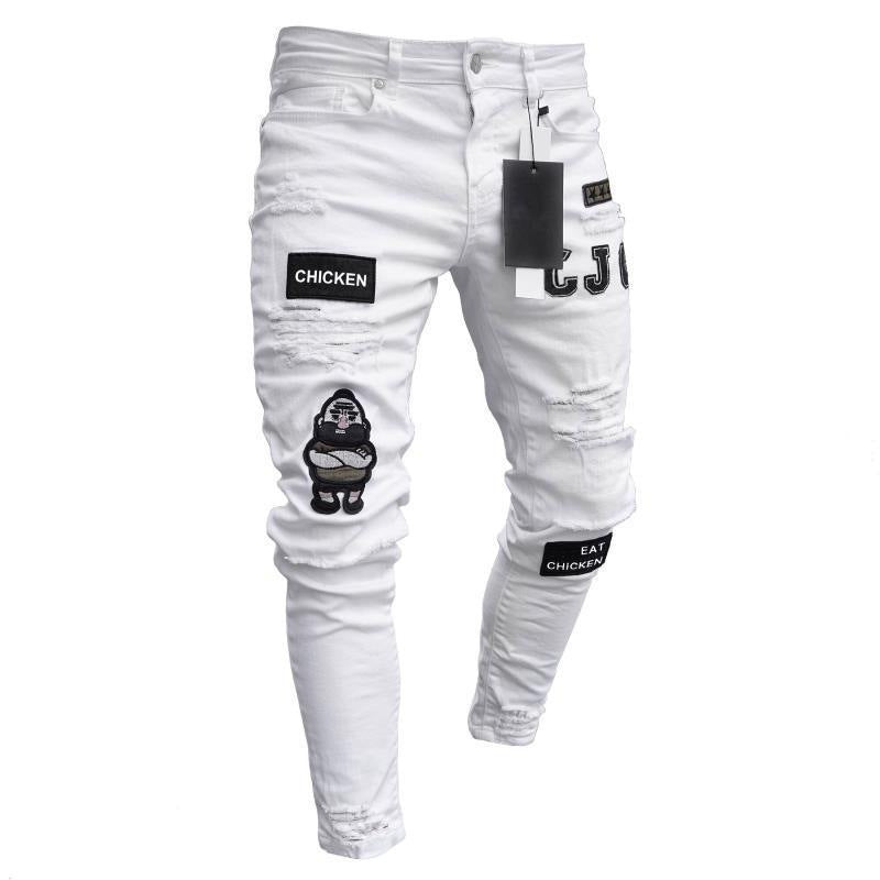Knee Men's Jeans Embroidered Leggings Denim Trousers Men's Cross-border Trendy European and American Badge Zipper Holes