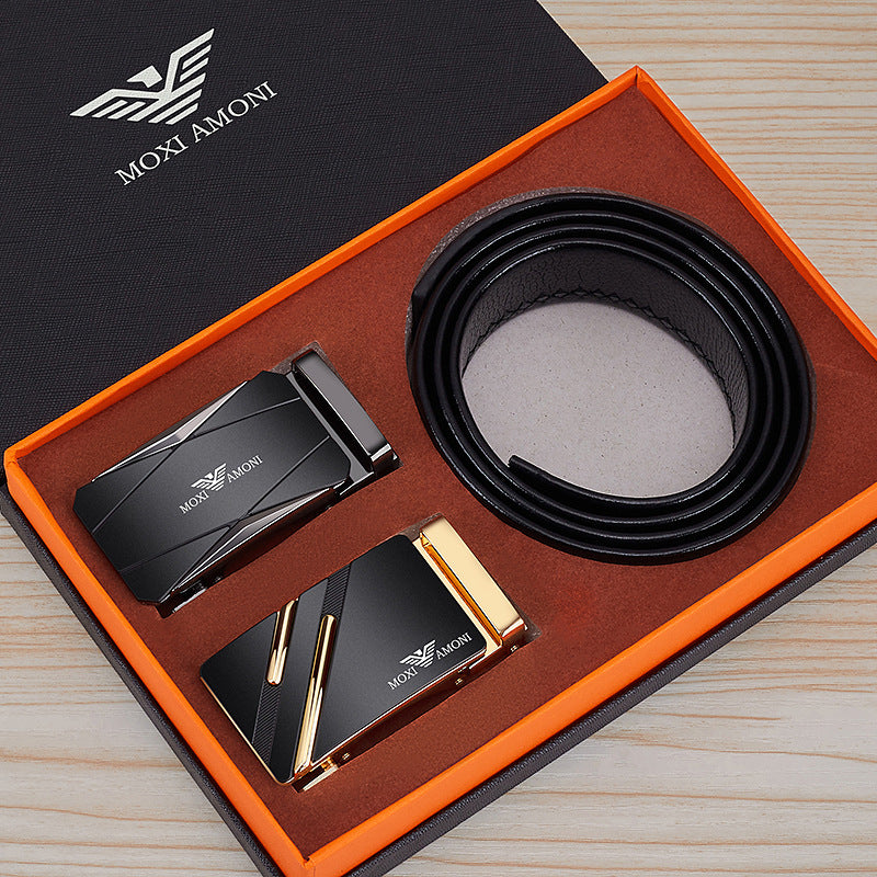 Men's Leather Belt with Alloy Automatic Buckle, Versatile Genuine Leather Belt for Young and Middle-Aged Men, Business Fashion Double Buckle Gift Box Wholesale, British Style