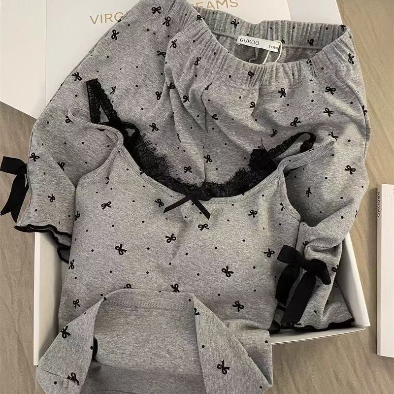 2025 New Sweet and Spicy Style Polo Dot Bow Lace Strap Shorts Pajamas Women's Outwear Home Clothes suit