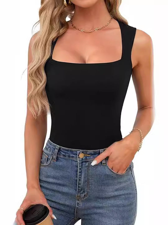 Cross-border European and American hot girls wear camisole women's summer sleeveless off-shoulder square collar threaded shoulder strap top women's clothing