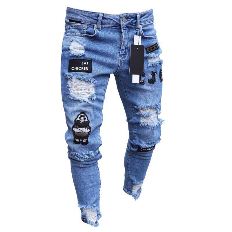 Knee Men's Jeans Embroidered Leggings Denim Trousers Men's Cross-border Trendy European and American Badge Zipper Holes