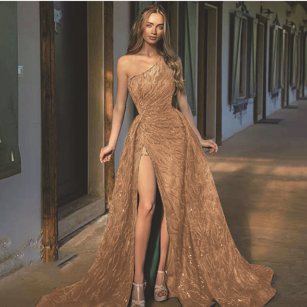 2025 Cross-Border Spring and Summer New European and American Clothing Slanted Shoulder Slit Long Skirt Toast Dress Sequined Suspender Evening Dress