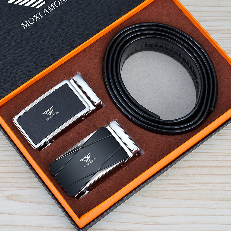 Men's Leather Belt with Alloy Automatic Buckle, Versatile Genuine Leather Belt for Young and Middle-Aged Men, Business Fashion Double Buckle Gift Box Wholesale, British Style