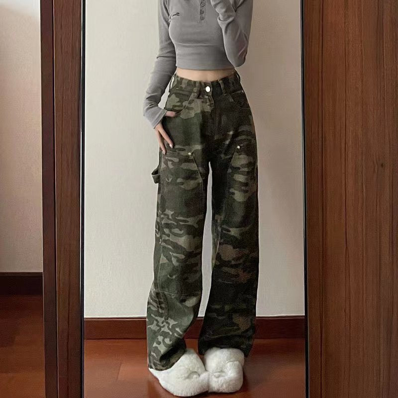 Hip Hop High Street Hiphop Tooling American Autumn and Winter Camouflage Jeans Women's Design Wide Leg Loose Straight Long Pants