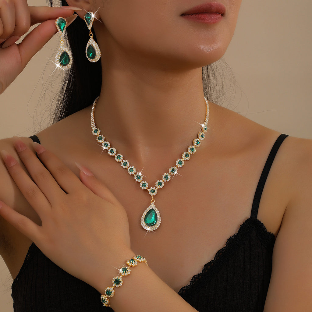 Amazon's Best-Selling Women's Water Drop Green Crystal Necklace, Earrings, Bracelet, Jewelry Set, Three-Piece Set, Drop Shipping