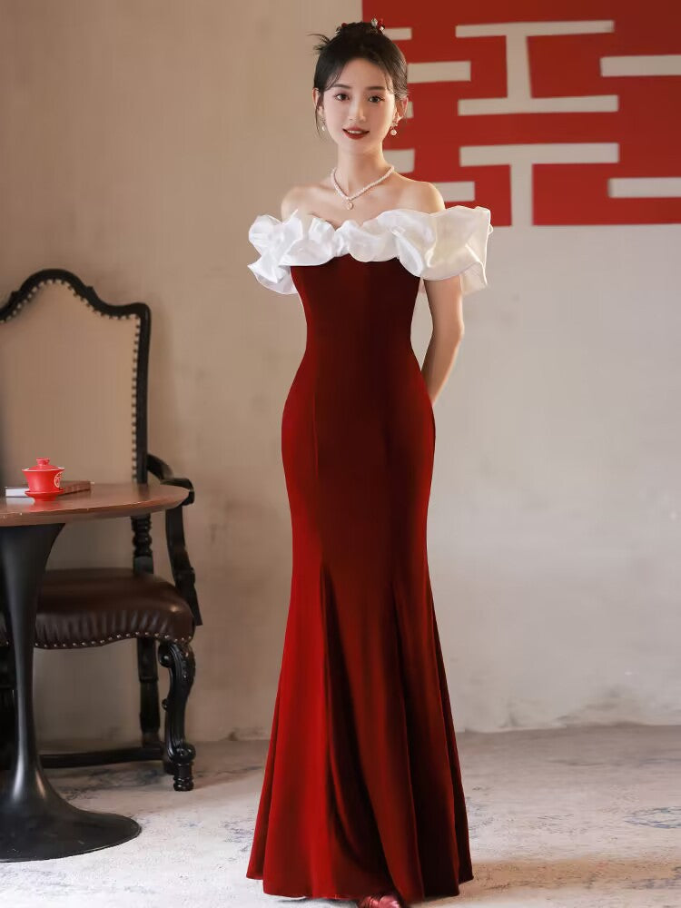 French Velvet Black Evening Dress One-Shoulder Annual Meeting Elegant Slimming Look Celebrity Host Fishtail Long Dress