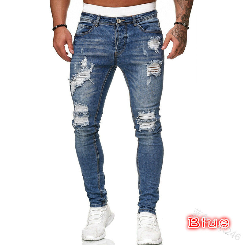 New Trendy Aliexpress European and American Slim-Fit Men's Jeans with Holes, Export Quality Slim-Fit Jeans for Wish Cross-Border Sales