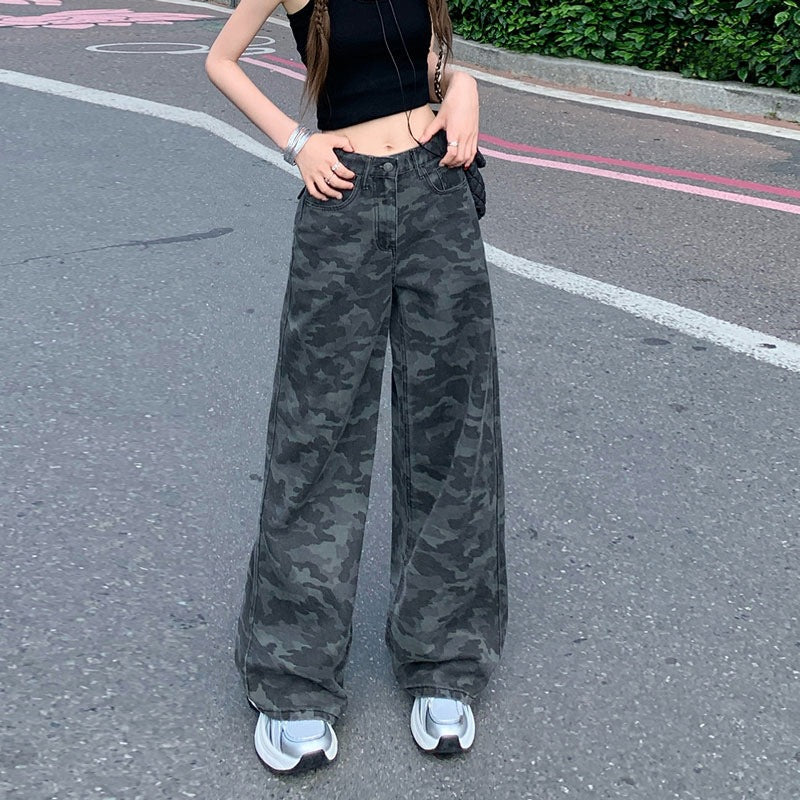 2025 Straight-Leg Hot Girl High-Waisted American Camouflage Work Jeans for Women in Autum Loose Slimming Floor-Length Wide-Leg Pants