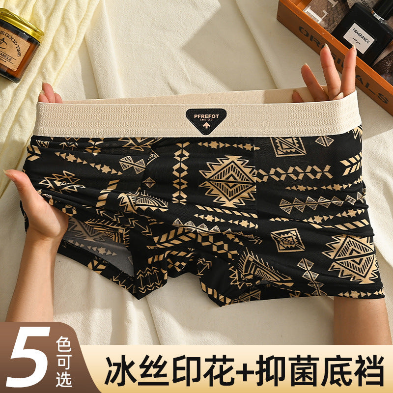 Men's Ice Silk Underwear Summer Vintage Thin Boxers Mid-Waist Ethnic Style Boys Four-Corner Pants Printed Trousers