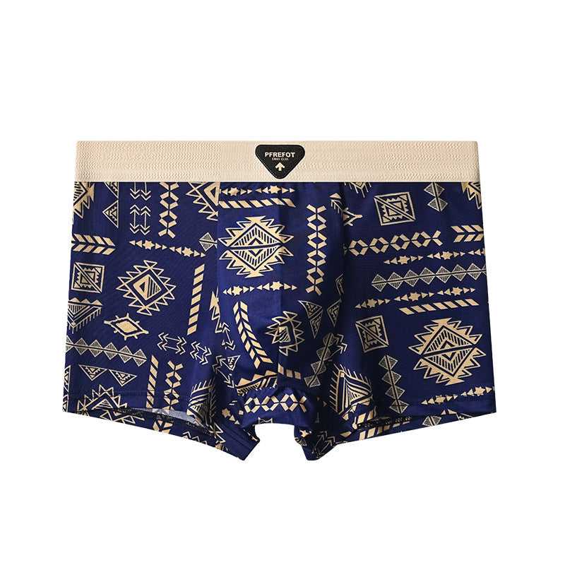 Men's Ice Silk Underwear Summer Vintage Thin Boxers Mid-Waist Ethnic Style Boys Four-Corner Pants Printed Trousers