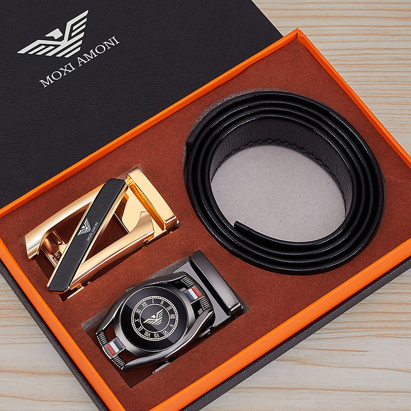Men's Leather Belt with Alloy Automatic Buckle, Versatile Genuine Leather Belt for Young and Middle-Aged Men, Business Fashion Double Buckle Gift Box Wholesale, British Style