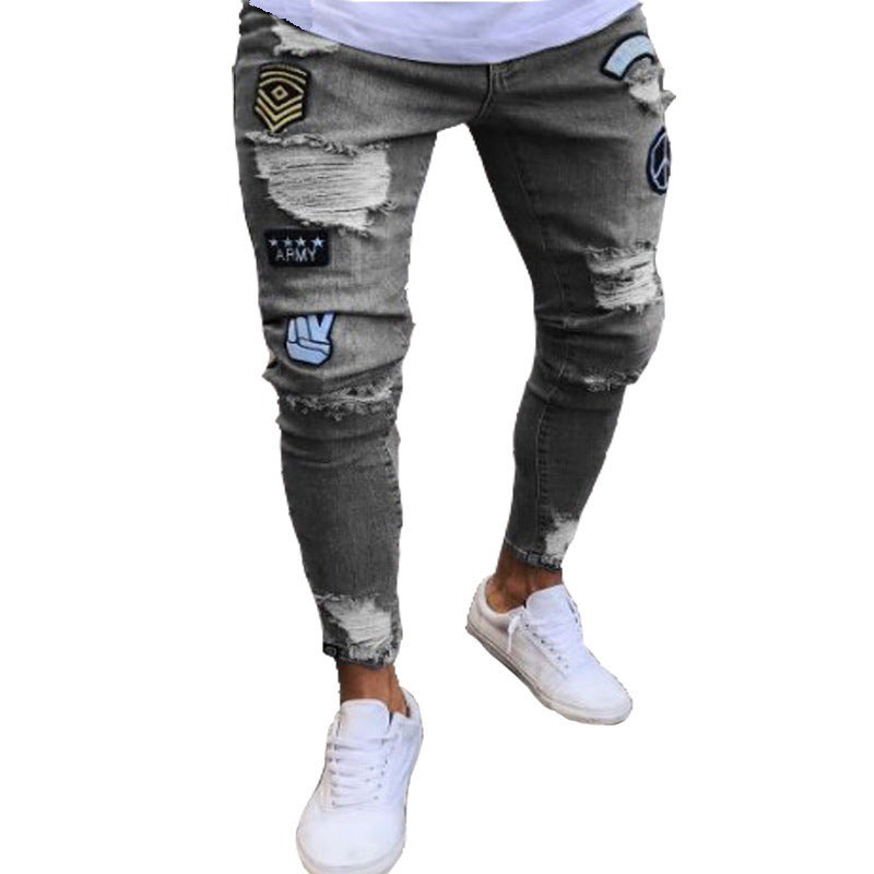 Knee Men's Jeans Embroidered Leggings Denim Trousers Men's Cross-border Trendy European and American Badge Zipper Holes