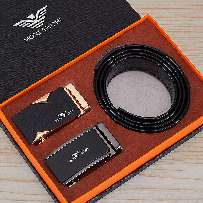 Men's Leather Belt with Alloy Automatic Buckle, Versatile Genuine Leather Belt for Young and Middle-Aged Men, Business Fashion Double Buckle Gift Box Wholesale, British Style