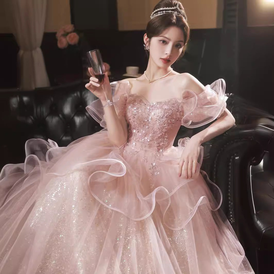 Art Exam Evening Dress 2025 New Style Banquet Feminine Adult Ceremony Pink Annual Meeting Host Dress Cross-Border