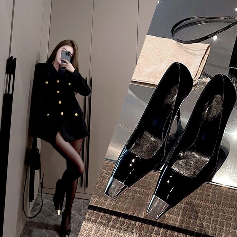 Elegant High Heel Shoes Women's 2024 Spring and Autumn New Metal Small Square Heel Sandals Women's Buckle Rear Trip Belt Women's Shoes
