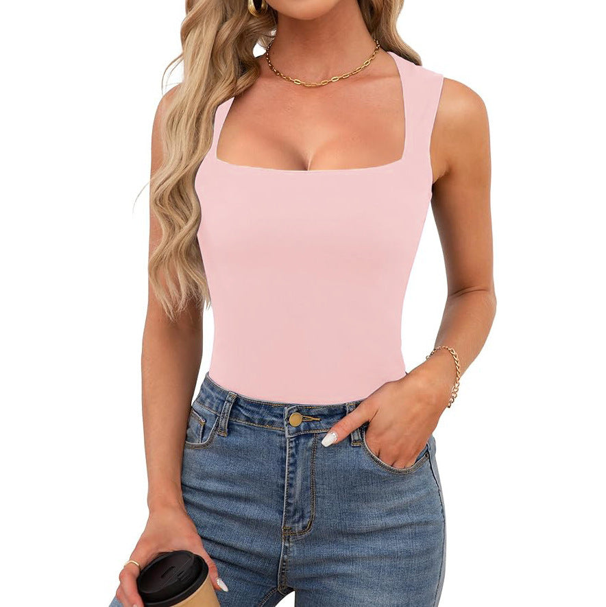 Cross-border European and American hot girls wear camisole women's summer sleeveless off-shoulder square collar threaded shoulder strap top women's clothing