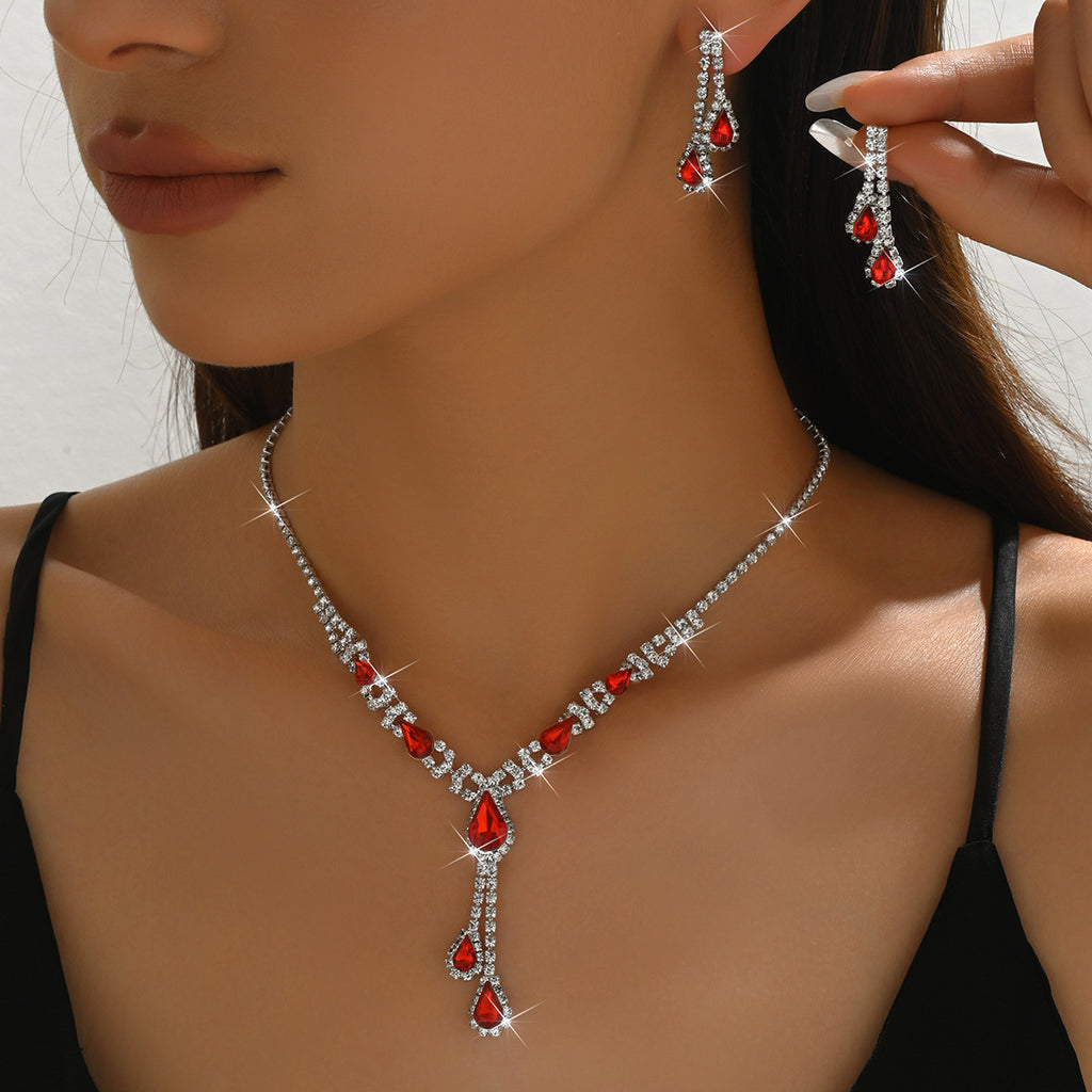 Cross-Border Jewelry Set Red Necklace Earrings Two-Piece Wedding Dress Accessories European and American Elegant Suit for Women