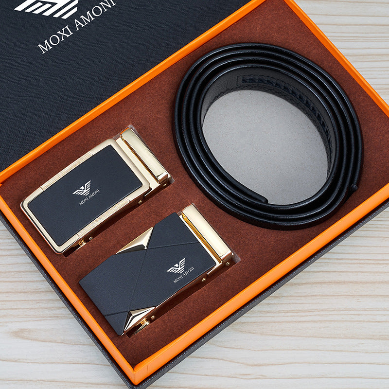 Men's Leather Belt with Alloy Automatic Buckle, Versatile Genuine Leather Belt for Young and Middle-Aged Men, Business Fashion Double Buckle Gift Box Wholesale, British Style