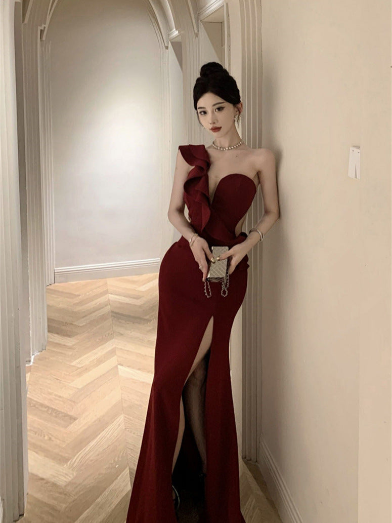 High-end Sexy Ruffle Evening Dress 2025 Elegant One-shoulder Banquet Host Car Model Split Dress