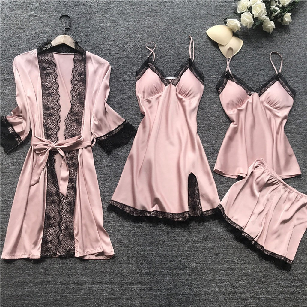 Cross-Border Pajamas, Women's Sexy Pajamas Four-Piece Set, Korean Style Suspender Pajamas, Women's Home Clothes with Breast Pads, Pajamas 2103