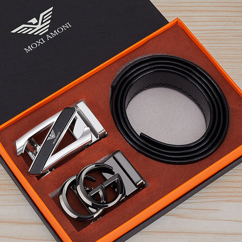 Men's Leather Belt with Alloy Automatic Buckle, Versatile Genuine Leather Belt for Young and Middle-Aged Men, Business Fashion Double Buckle Gift Box Wholesale, British Style