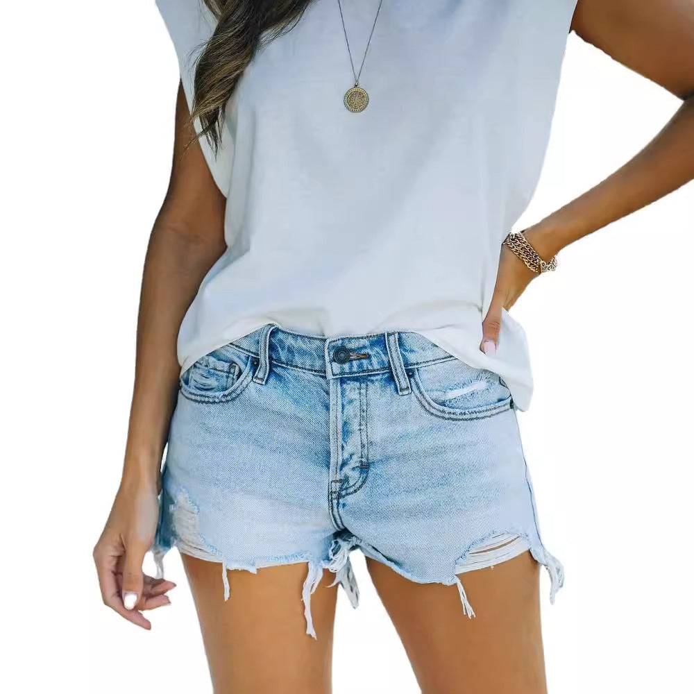 2023 New Summer Denim Shorts for Women American Amazon Eyba Slim Fit Ripped Raw Edge Creative Jeans in Stock