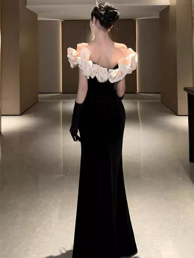 French Velvet Black Evening Dress One-Shoulder Annual Meeting Elegant Slimming Look Celebrity Host Fishtail Long Dress