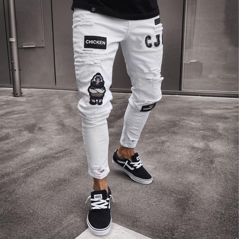 Knee Men's Jeans Embroidered Leggings Denim Trousers Men's Cross-border Trendy European and American Badge Zipper Holes