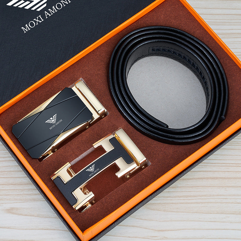 Men's Leather Belt with Alloy Automatic Buckle, Versatile Genuine Leather Belt for Young and Middle-Aged Men, Business Fashion Double Buckle Gift Box Wholesale, British Style