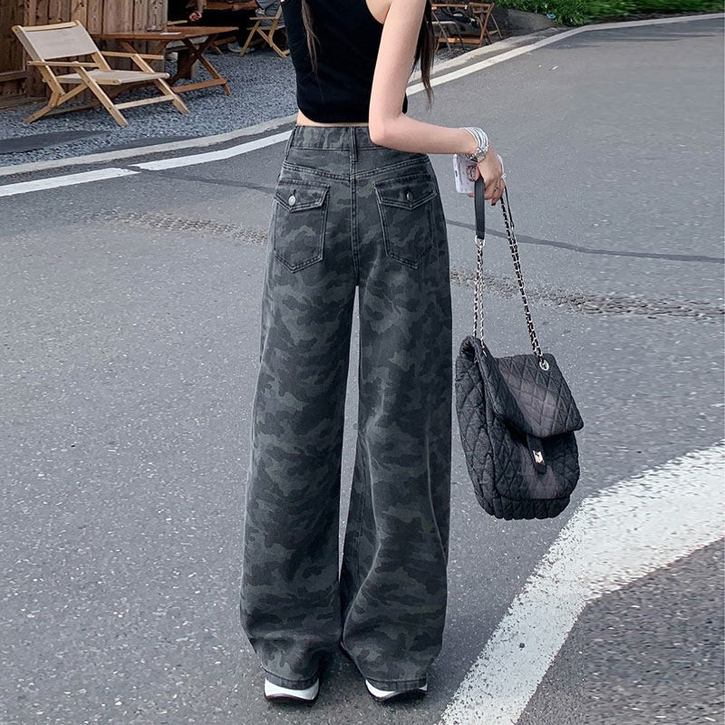 2025 Straight-Leg Hot Girl High-Waisted American Camouflage Work Jeans for Women in Autum Loose Slimming Floor-Length Wide-Leg Pants