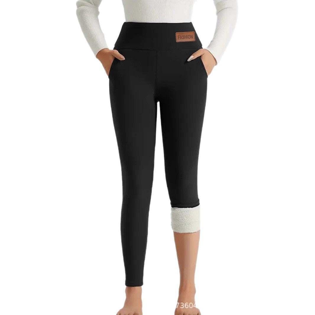 Cross-Border Women's High Waist Warm Fleece-Lined Leggings - Super Soft Stretch Yoga Pants Pocket Casual Pants