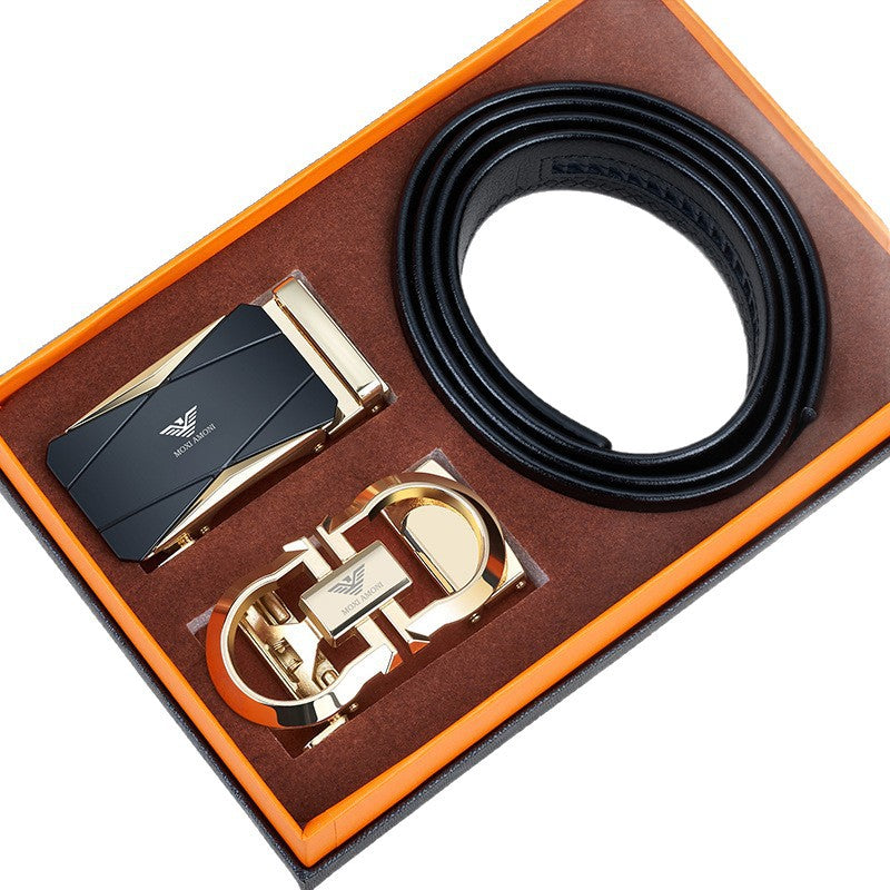 Men's Leather Belt with Alloy Automatic Buckle, Versatile Genuine Leather Belt for Young and Middle-Aged Men, Business Fashion Double Buckle Gift Box Wholesale, British Style